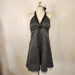 Vintage 1990s Black Polka Dot Satin Halter Dress Tulle Rockabilly Size Medium